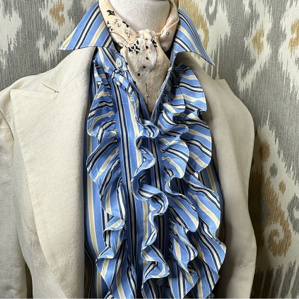 Ralph Lauren Blue Multi Shadow Stripe Ruffle Placket L/S Button Up Blouse